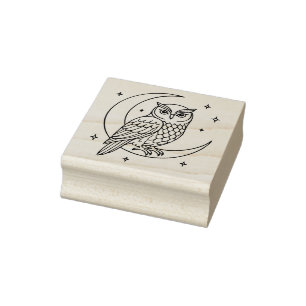 Owl on Crescent Moon with Stars Line Art Rubber Stamp