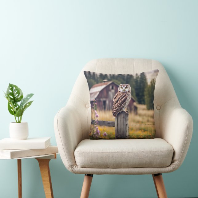 Owl On Fence Post Throw Pillow (Chair)