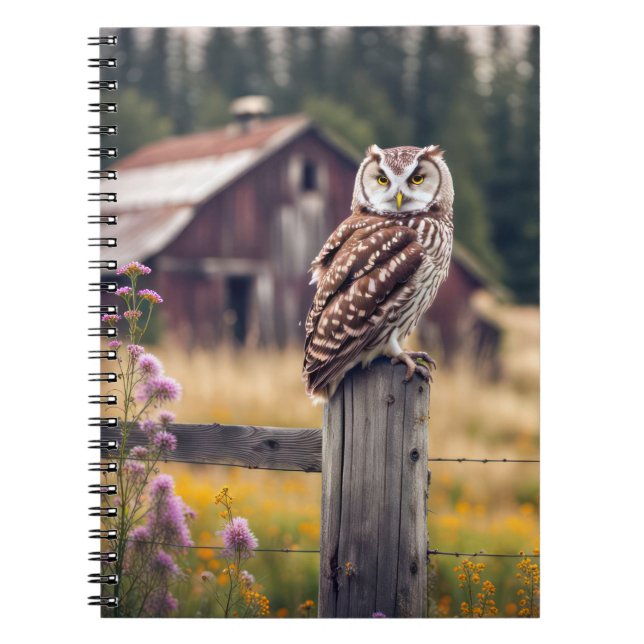 Owl On Old Fence Post Notebook (Front)