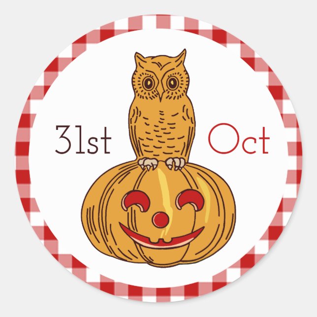 Owl on Pumpkin Gingham Pattern Classic Round Sticker (Front)