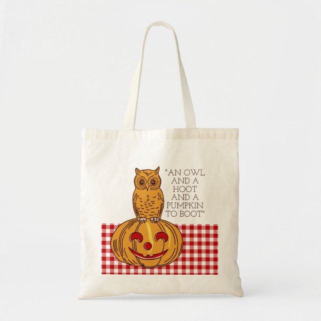 Owl on Pumpkin Gingham Pattern Tote Bag (Front)