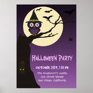 Owl on tree branch Halloween Birthday Party Poster