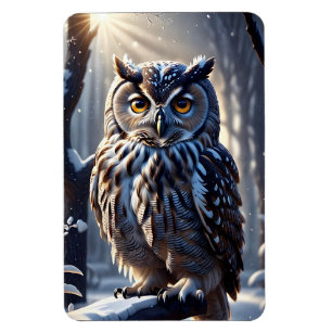 Owl on Tree Branch in Snowy Forest Magnet
