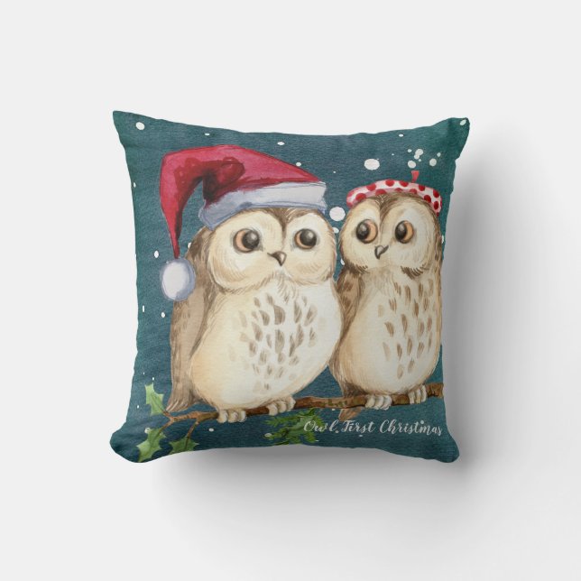 Owl Our First Christmas Holiday Throw Pillow (Front)