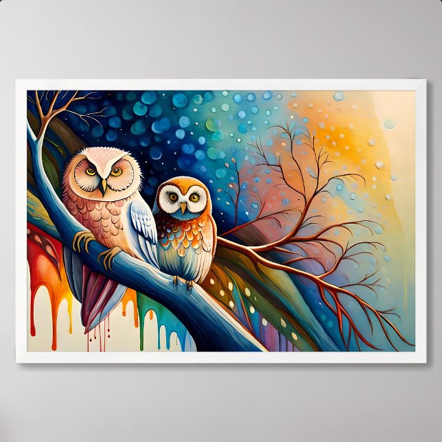 owl painting perch tree branch paint colourful dri poster (owl painting perch tree branch paint colorful drip)