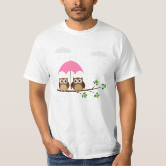 Owl Pals in the Rain Sharing a Rainy Day Under One T-Shirt