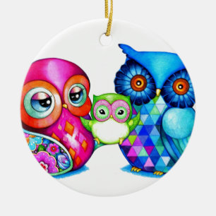 Owl Parents and Baby Ceramic Ornament