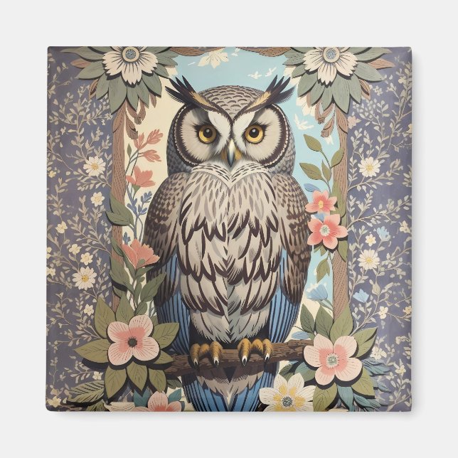 Owl Pastel Floral William Morris Inspired Magnet (Front)