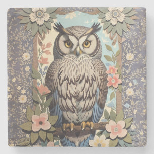 Owl Pastel Floral William Morris Inspired Stone Coaster