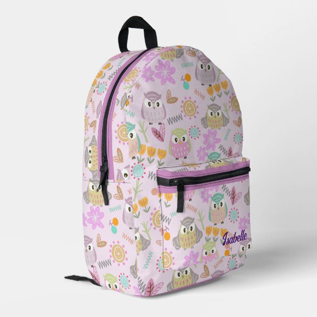 Owl Pastel Pink   Printed Backpack (Back Corner Left)