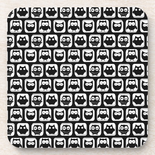 Owl Pattern in Black and White Coaster (Front)