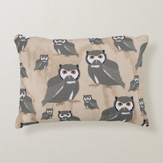 Owl Pattern & Rustic Wood Accent Pillow (Front)