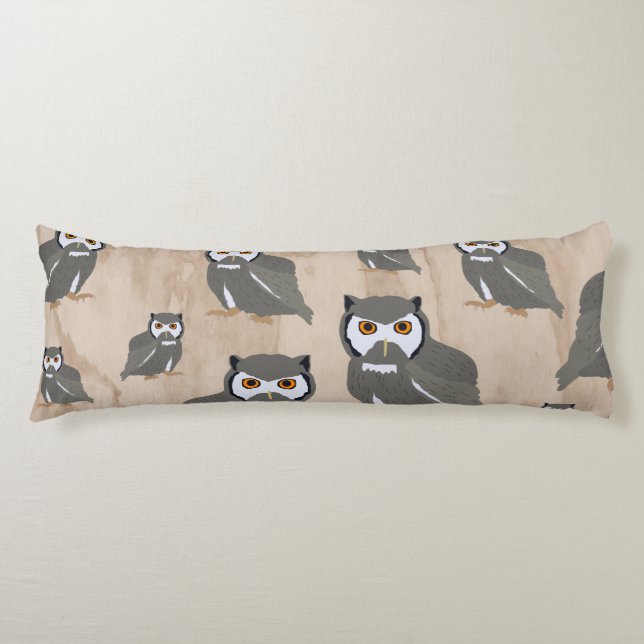Owl Pattern & Rustic Wood  Body Pillow (Front)