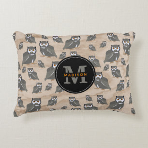 Owl Pattern & Rustic Wood Monogram Accent Pillow