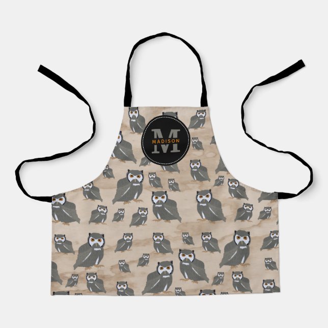 Owl Pattern & Rustic Wood Monogram Apron (Front)