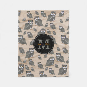 Owl Pattern & Rustic Wood Monogram Fleece Blanket