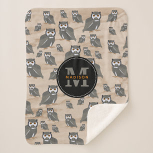 Owl Pattern & Rustic Wood Monogram Sherpa Blanket
