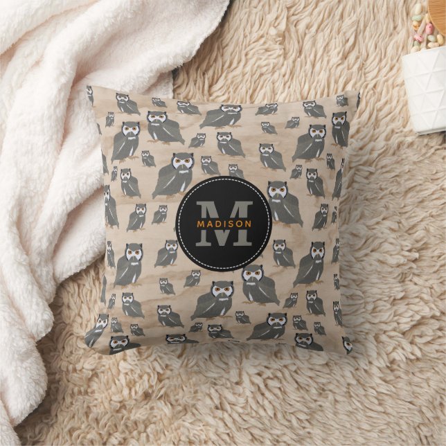 Owl Pattern & Rustic Wood Monogram  Throw Pillow (Blanket)
