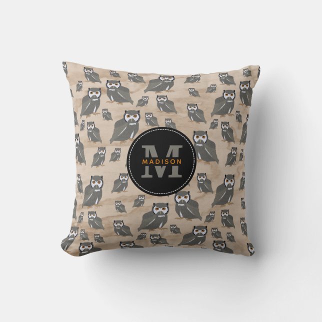 Owl Pattern & Rustic Wood Monogram  Throw Pillow (Front)