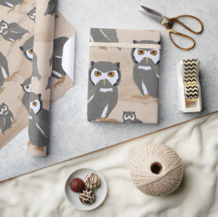Owl Pattern & Rustic Wood  Wrapping Paper