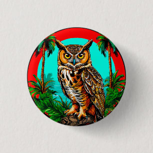 Owl perched on a rock 1 inch round button