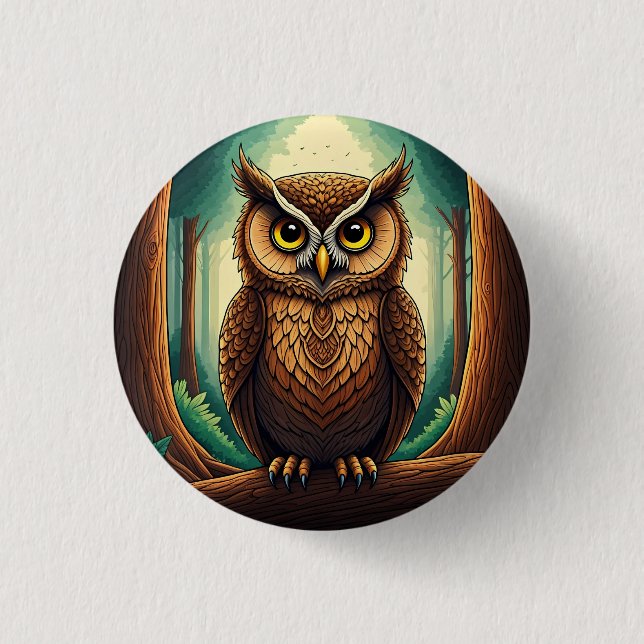 Owl perched on a tree log in a forest 1 inch round button (Front)