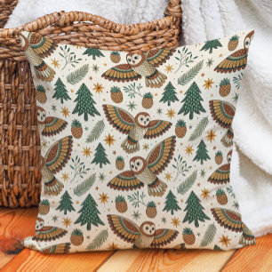 Owl Pine Trees Cones Stars  Nature Warm  Throw Pillow