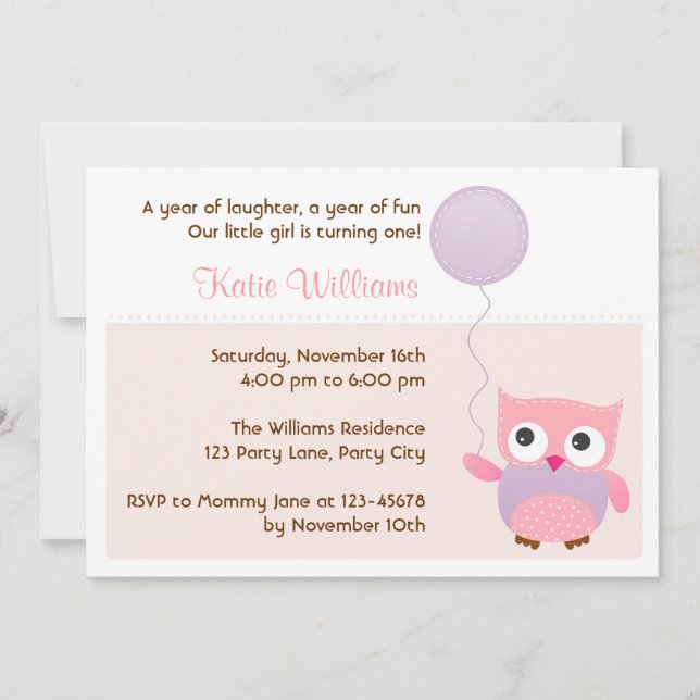 Owl (Pink) Birthday Party Invitation for Girls (Front)