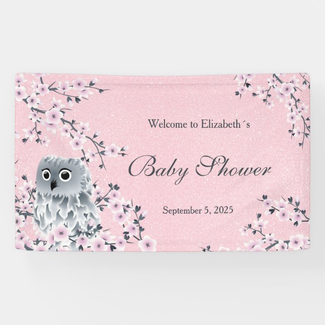 Owl Pink Glitter Cherry Blossom Baby  Banner (Horizontal)