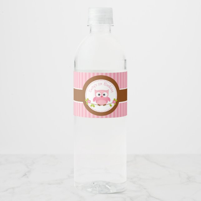 Owl (Pink) Personalized 1st Birthday / Baby Shower Water Bottle Label (Front)