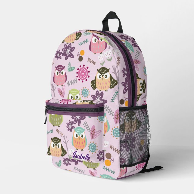 Owl Pink   Printed Backpack (Back Corner Right)