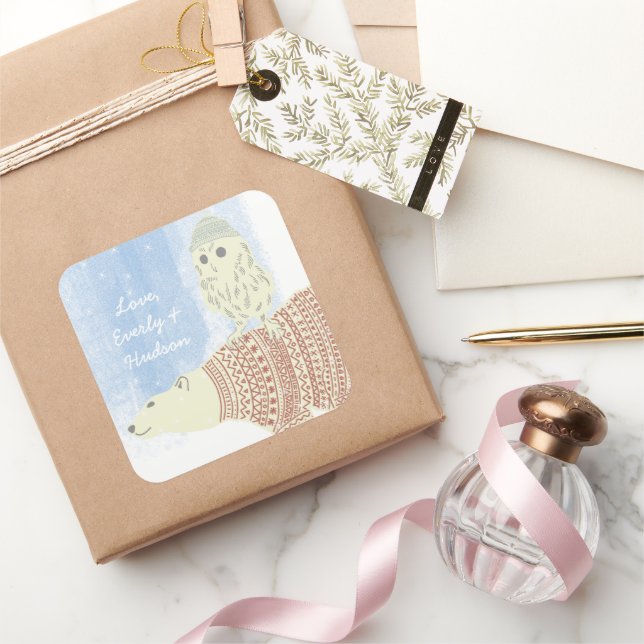 Owl Polar Bear Knitted Hats and Sweaters Stars Too Square Sticker (Gifting)