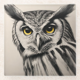 Owl portrait- charcoal sketch glass coaster