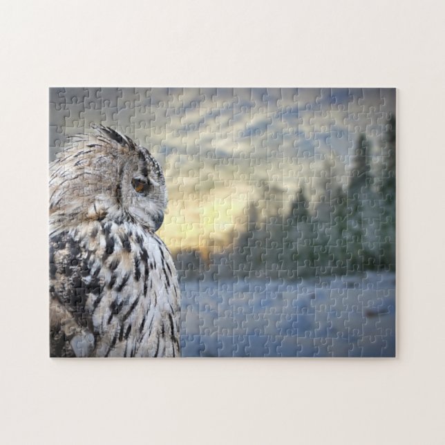 Owl portrait on winter forest background jigsaw puzzle (Horizontal)