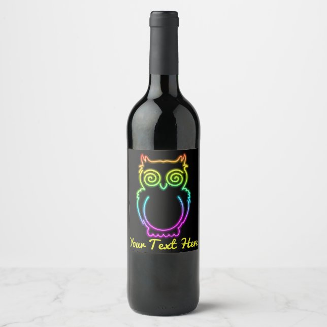 Owl Psychedelic Neon Light Button Wine Label (Front)