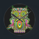 Owl Psychedelic Pop Art Round Clock<br><div class="desc">Owl originally created on Graphic Vector Technique. Every little piece, like in a Puzzle, have been assembled first to compose the multicolor circles and the multicolor drops; then, every single drop and circle have been patiently assembled to compose the entire Owl. This design is under BluedarkArt Copyright.</div>