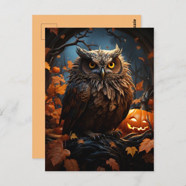 Owl, Pumpkin, and a Full Moon Halloween  Postcard (Front/Back)