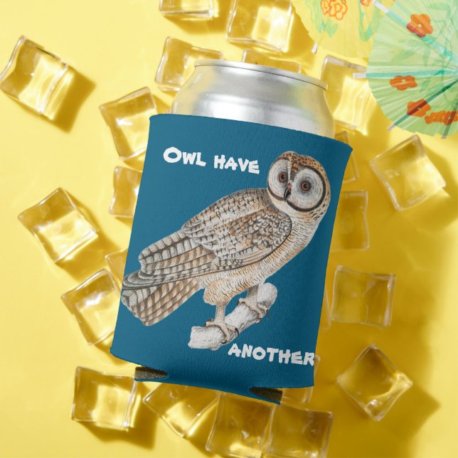 Owl Pun Cute Can Cooler in Blue (In Situ Summer)