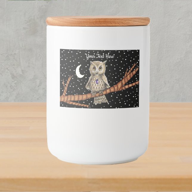 owl Purple Crystal Necklace Golden Eyes Moon Stars Food Label (Owl golden eyes crystal necklace on branch moon stars in black night sky on food label.)