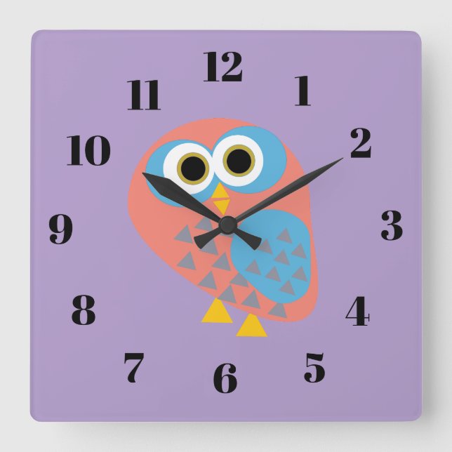 Owl, purple square wall clock (Front)