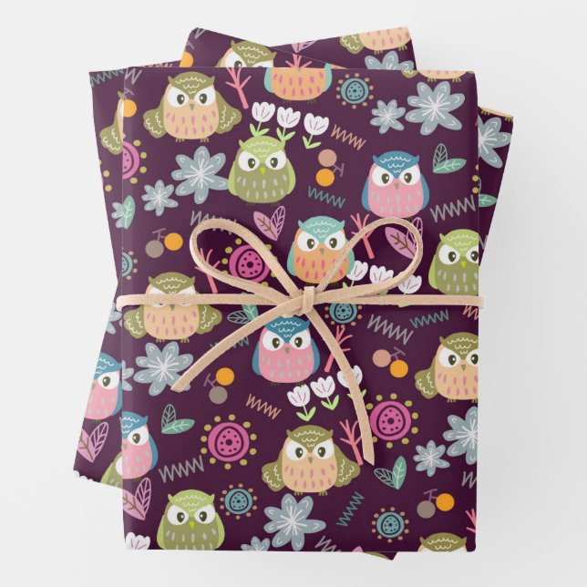 Owl Purple Wrapping Paper (In situ)
