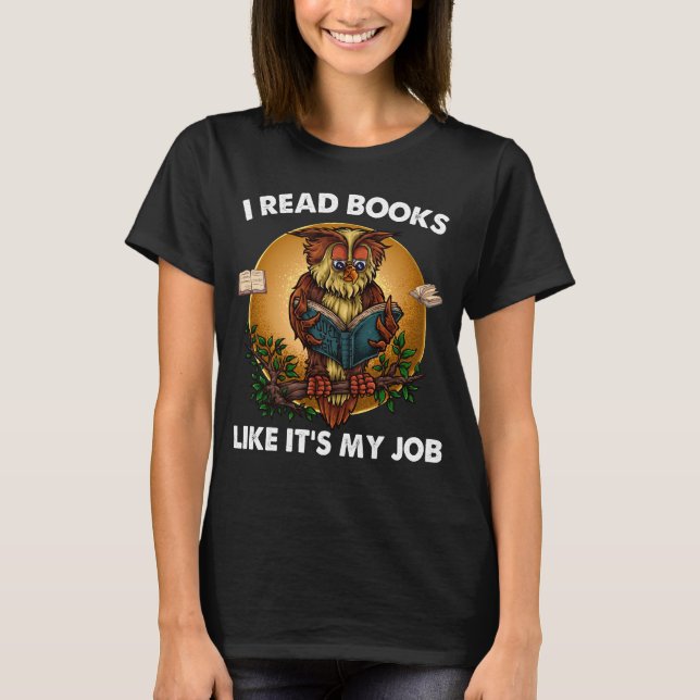 Owl Reading Book Lover Funny Librarian Bibliophile T-Shirt (Front)