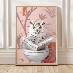 Owl Reading on Toilet Print, Bathroom Owl Print