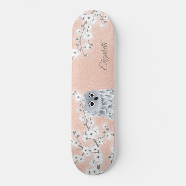 Owl Rose Gold Glitter Cherry Blossoms Monogram   Skateboard (Front)