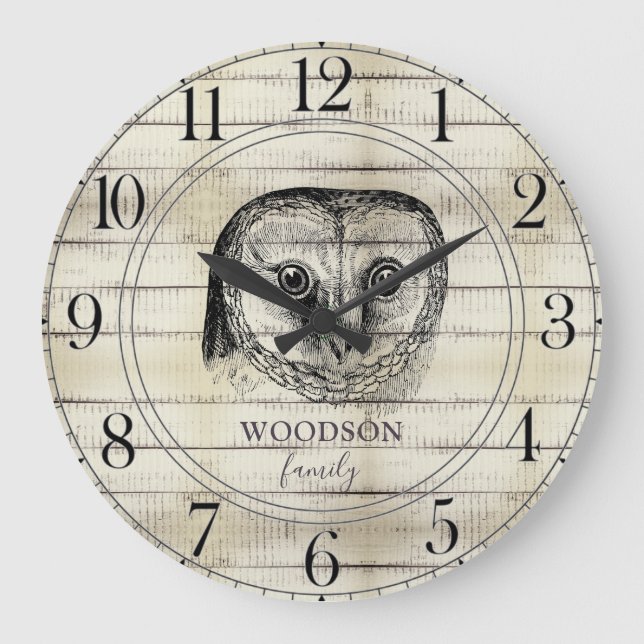 Owl Rustic Light Wood Family Name  Large Clock (Front)