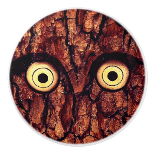 Owl rustic tree bark wood look ceramic knob (Front)