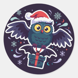 Owl Santa Delivering a Gift Sticker