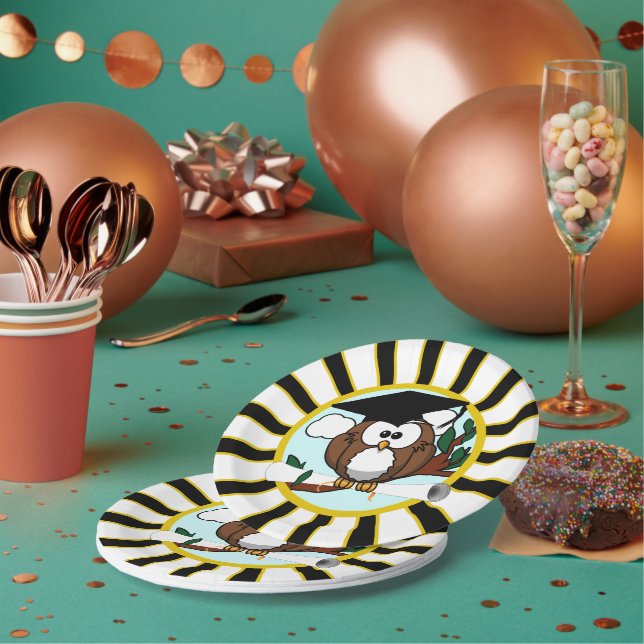 Owl School Colours Black And Gold Graduation Paper Plate (Multi)