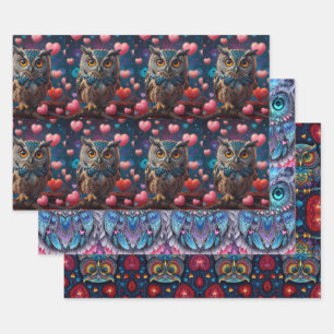 Owl set of gift wrapping paper sheet