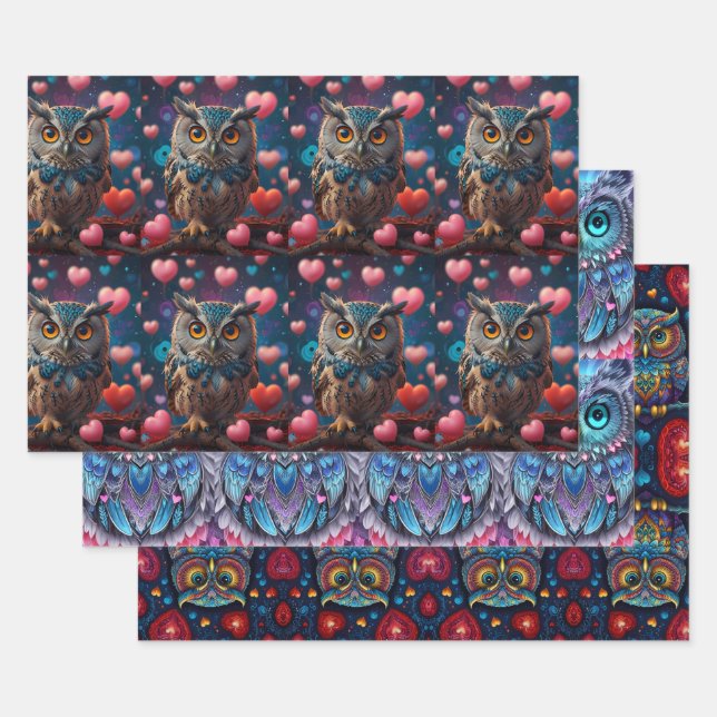 Owl set of gift wrapping paper sheet (Set)